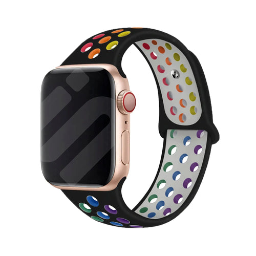 Silicone Sport Strap, black/colourful, on a watch, 3/4 front view