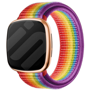 Nylon Strap, rainbow, on a watch, 3/4 front view