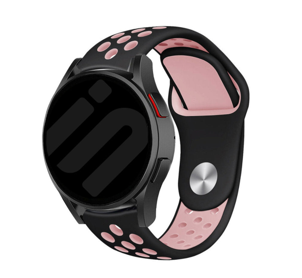 Silicone Sport Strap, black/pink, on a watch, 3/4 front view