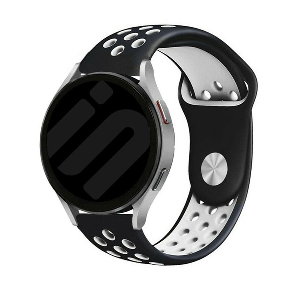 Silicone Sport Strap, black/white, on a watch, 3/4 front view