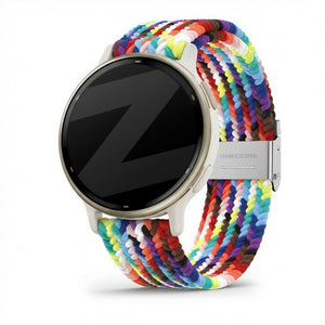 Woven Nylon Strap, rainbow, on a watch, 3/4 front view