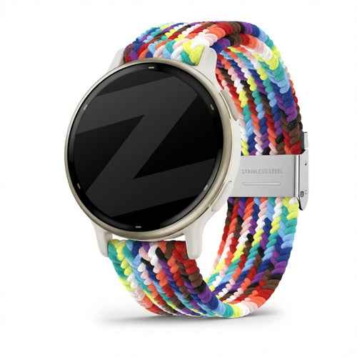 Woven Nylon Strap, rainbow, on a watch, 3/4 front view