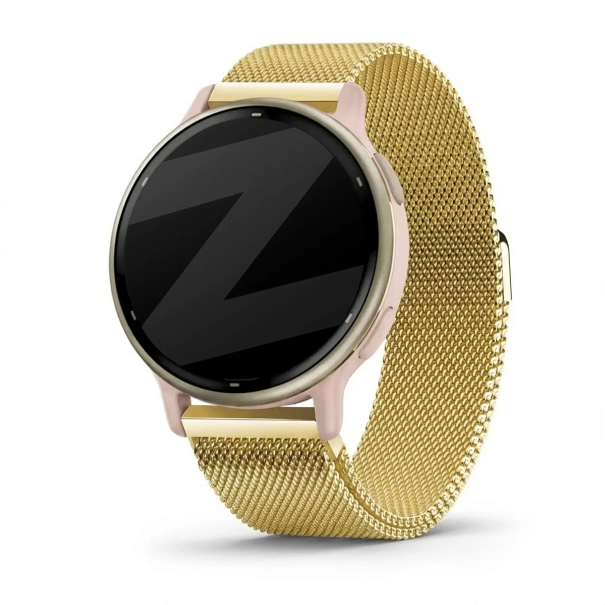 Milanese Loop Strap, gold, on a watch, 3/4 front view