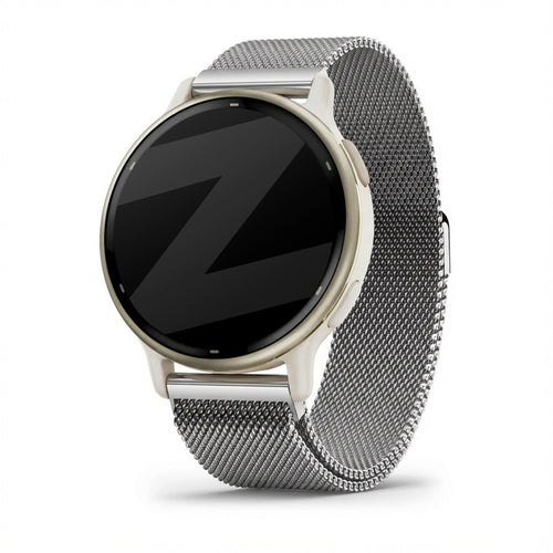Milanese Loop Strap, silver, on a watch, 3/4 front view
