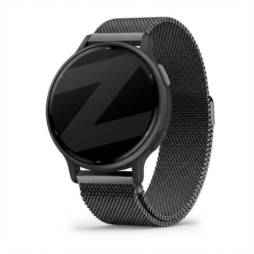 Milanese Loop Strap, black, on a watch, 3/4 front view