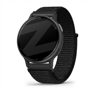 Nylon Loop Strap, black, on a watch, 3/4 front view