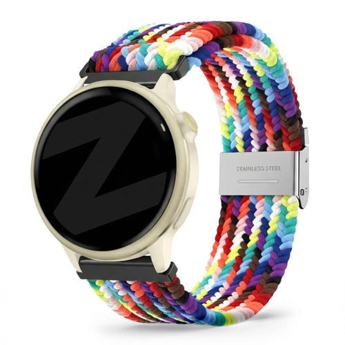 Woven Nylon Strap, rainbow, on a watch, 3/4 front view