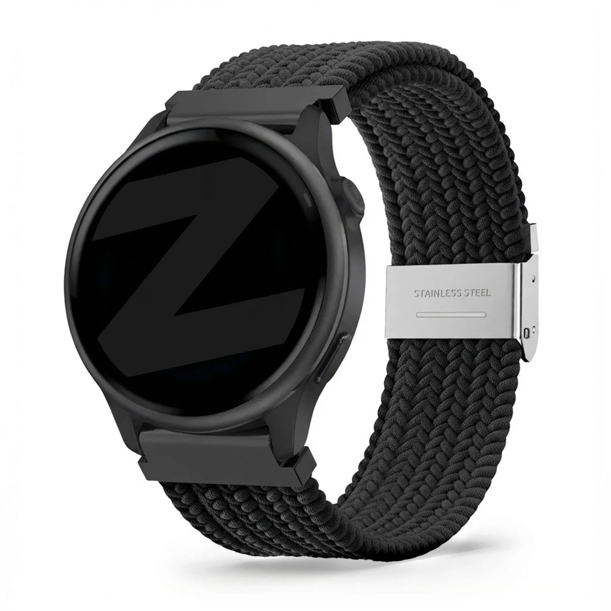 Woven Nylon Strap, black, on a watch, 3/4 front view