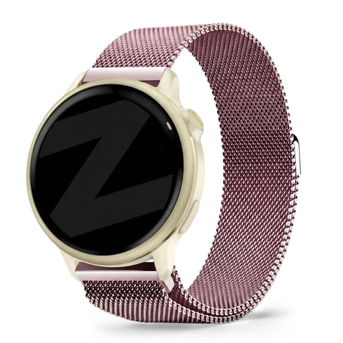 Milanese Loop Strap, pink, on a watch, 3/4 front view