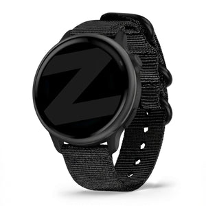 Buckled Nylon Strap, black, on a watch, 3/4 front view