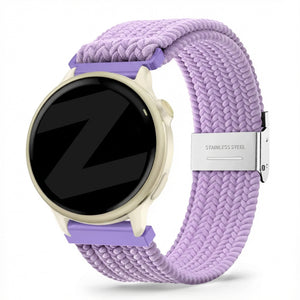 Woven Nylon Strap, light purple, on a watch, 3/4 front view