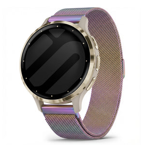 Milanese Strap, rainbow, on a watch, 3/4 front view