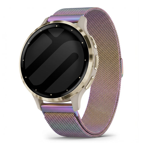 Milanese Strap, rainbow, on a watch, 3/4 front view
