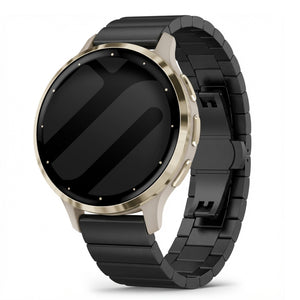 Metal Strap, black, on a watch, 3/4 front view