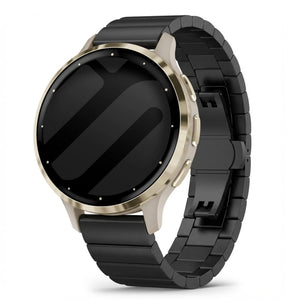 Metal Strap, black, on a watch, 3/4 front view
