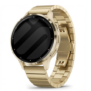 Metal Strap, gold, on a watch, 3/4 front view