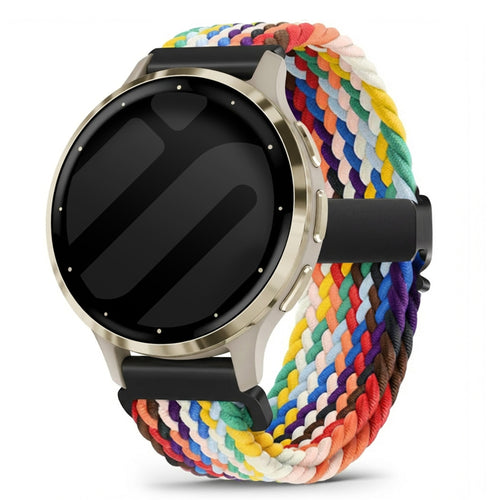 Nylon Braided Strap P-Buckle, rainbow, on a watch, 3/4 front view