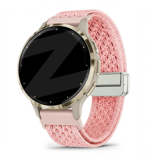 Vintage Nylon Strap, pink, on a watch, 3/4 front view