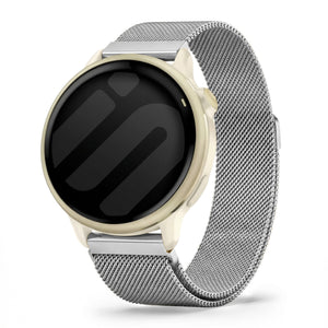 Milanese Strap, silver, on a watch, 3/4 front view