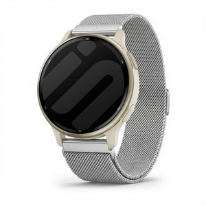 Milanese Strap, silver, on a watch, 3/4 front view