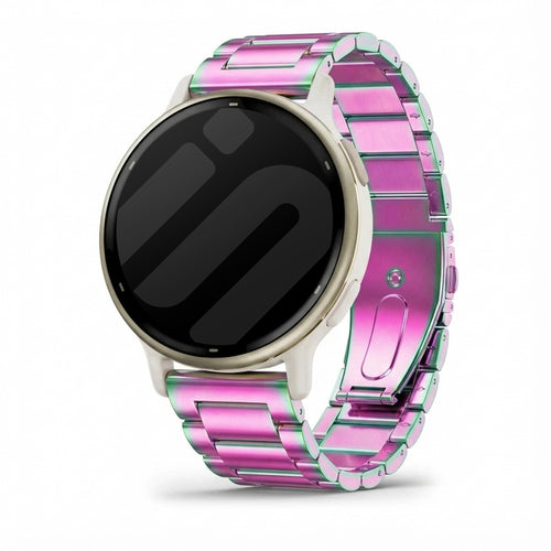 Steel Strap, pearlescent, on a watch, 3/4 front view