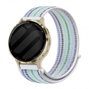 Nylon Loop Strap, blue stripes, on a watch, 3/4 front view