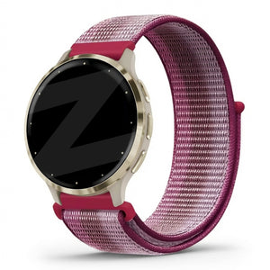Nylon Loop Strap, purple berry, on a watch, 3/4 front view
