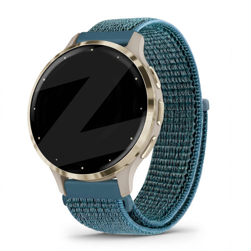 Nylon Loop Strap, green-grey, on a watch, 3/4 front view