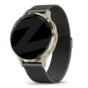 Milanese Loop Strap, black, on a watch, 3/4 front view