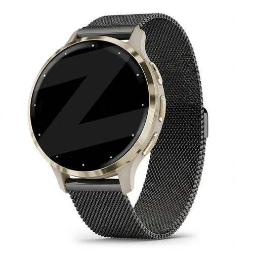 Milanese Loop Strap, black, on a watch, 3/4 front view