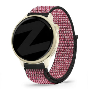 Nylon Loop Strap, berry, on a watch, 3/4 front view