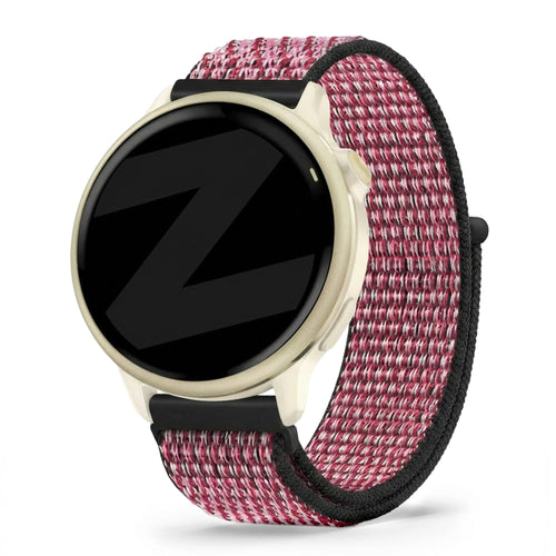 Nylon Loop Strap, berry, on a watch, 3/4 front view