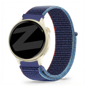 Nylon Loop Strap, blue mix, on a watch, 3/4 front view