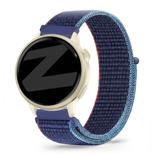 Nylon Loop Strap, blue mix, on a watch, 3/4 front view