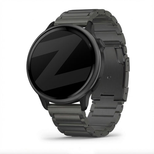 Titanium Link Strap, black, on a watch, 3/4 front view