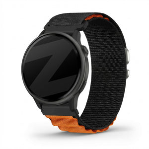 Nylon Alpine Strap, black/orange, on a watch, 3/4 front view