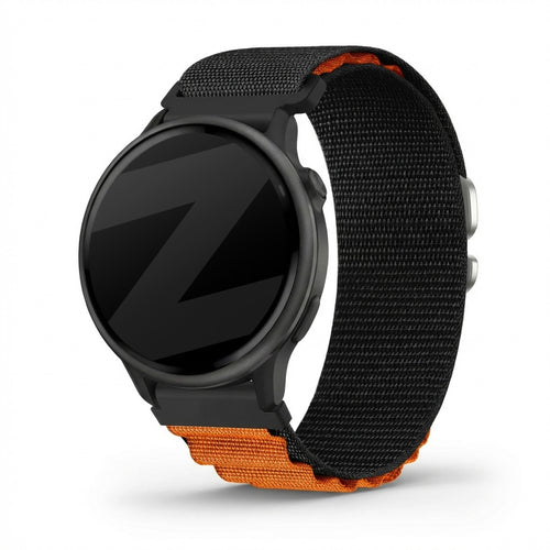 Nylon Alpine Strap, black/orange, on a watch, 3/4 front view