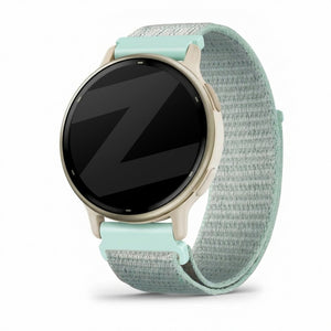 Nylon Loop Strap, light cyan, on a watch, 3/4 front view