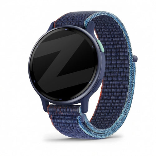 Nylon Loop Strap, blue mix, on a watch, 3/4 front view