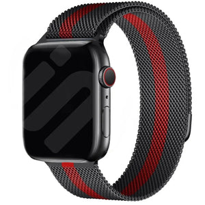 Milanese Strap, black/red, on a watch, 3/4 front view