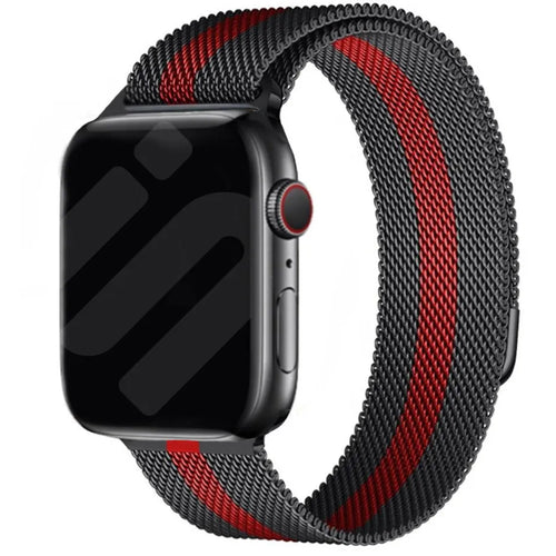 Milanese Strap, black/red, on a watch, 3/4 front view