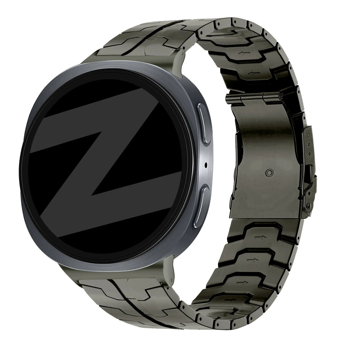 Steel Iron Strap, graphite, on a watch, 3/4 front view