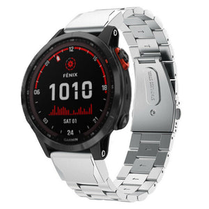 Steel Strap, silver, on a watch, 3/4 front view