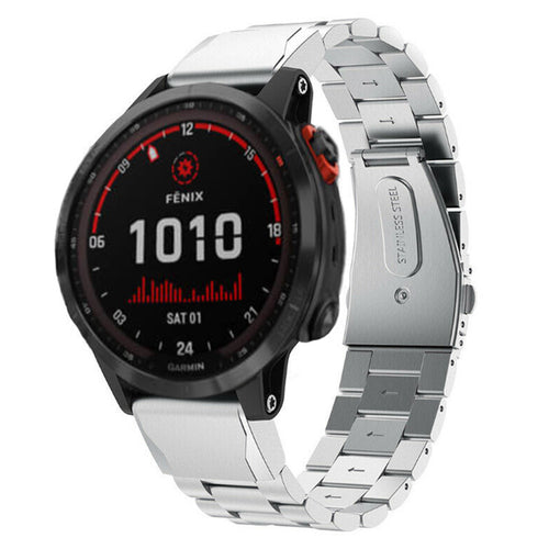 Steel Strap, silver, on a watch, 3/4 front view
