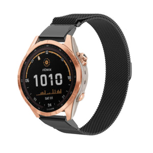 Milanese Strap, black, on a watch, 3/4 front view