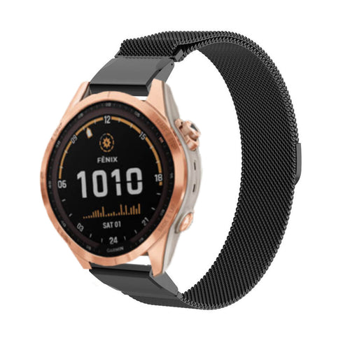 Milanese Strap, black, on a watch, 3/4 front view