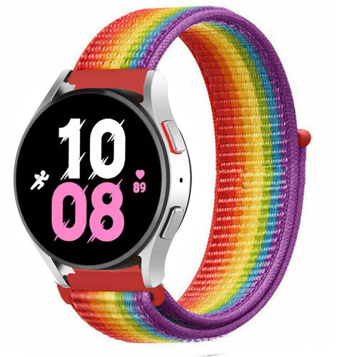 Nylon Strap, rainbow, on a watch, 3/4 front view