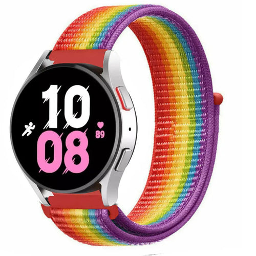 Nylon Strap, rainbow, on a watch, 3/4 front view