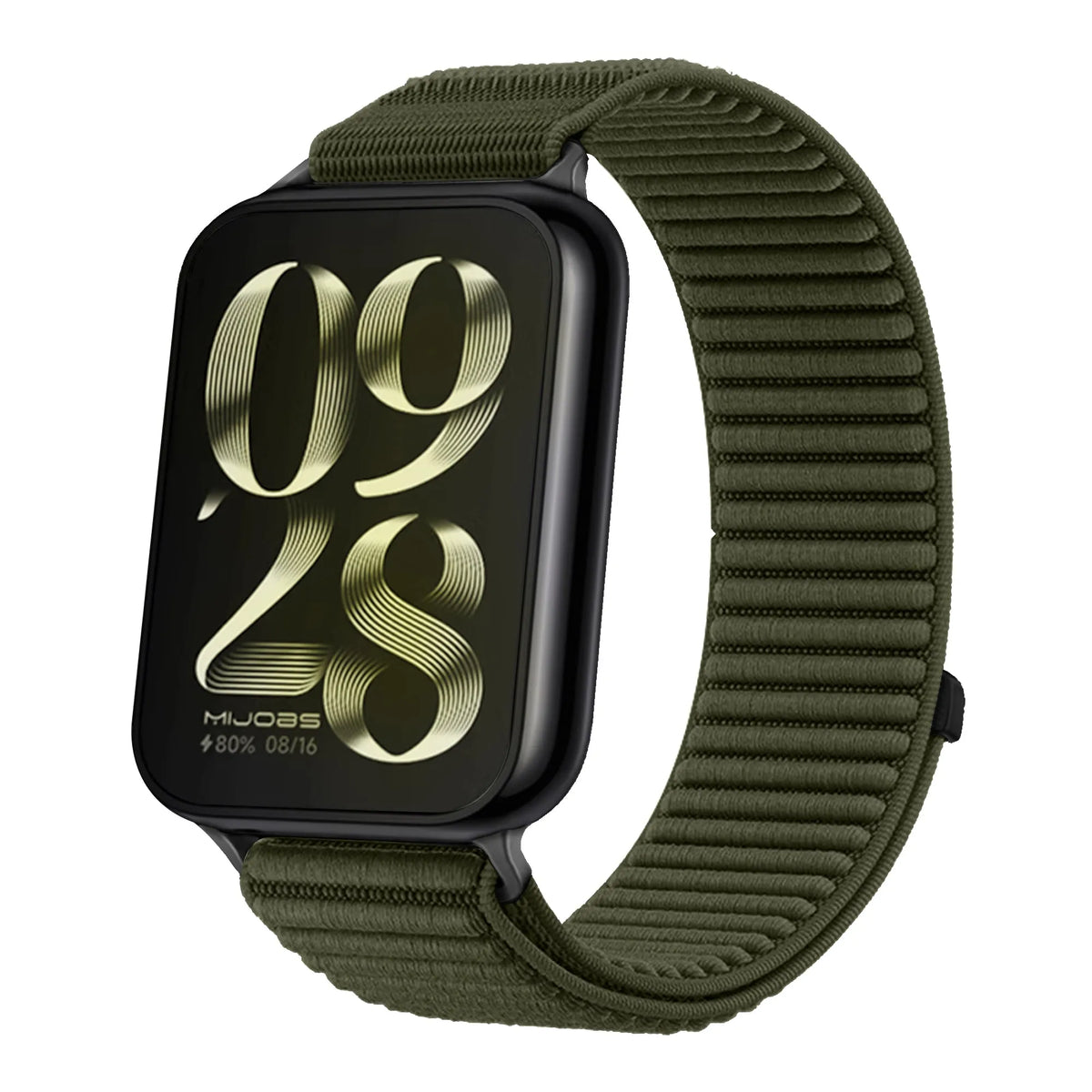 Wave Nylon Strap, dark green, on a watch, 3/4 front view
