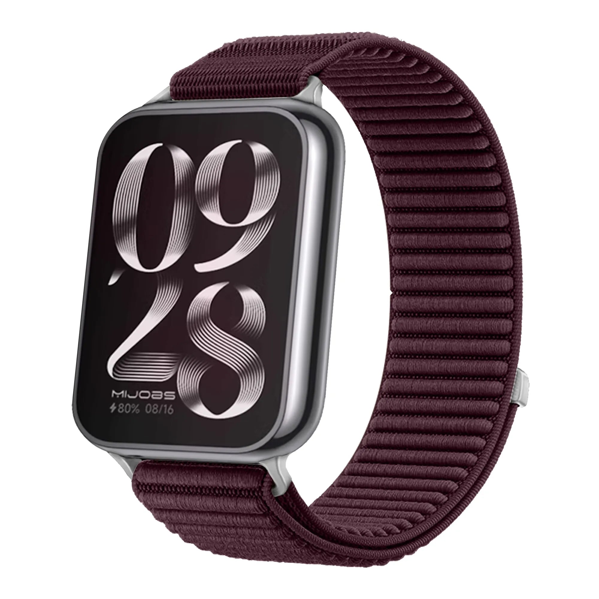 Wave Nylon Strap, plum, on a watch, 3/4 front view